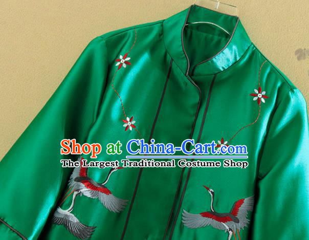 Chinese Traditional Tang Suit Embroidered Cranes Green Dust Coat National Costume Qipao Outer Garment for Women