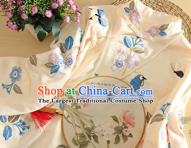 Chinese Traditional Tang Suit Embroidered Beige Shirt National Costume Qipao Upper Outer Garment for Women