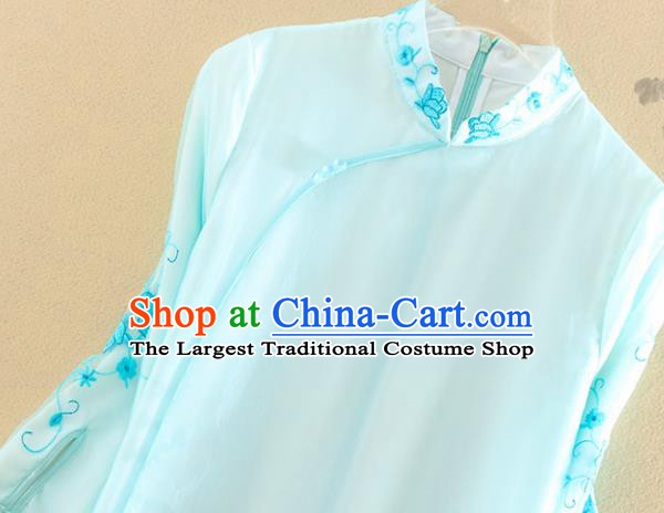 Chinese Traditional Tang Suit Embroidered Roses Blue Cheongsam National Costume Qipao Dress for Women