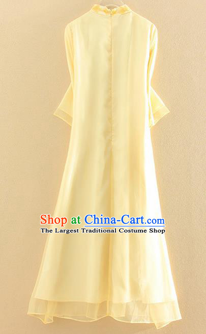 Chinese Traditional Tang Suit Embroidered Flowers Yellow Cheongsam National Costume Qipao Dress for Women