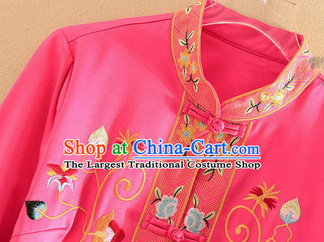 Chinese Traditional Tang Suit Embroidered Birds Rosy Blouse National Costume Qipao Upper Outer Garment for Women