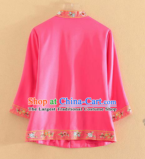 Chinese Traditional Tang Suit Embroidered Birds Rosy Blouse National Costume Qipao Upper Outer Garment for Women