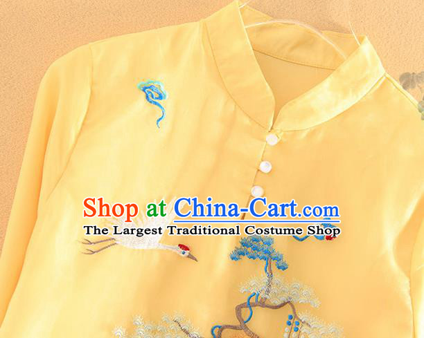 Chinese Traditional Tang Suit Embroidered Crane Pine Plum Yellow Cheongsam National Costume Qipao Dress for Women