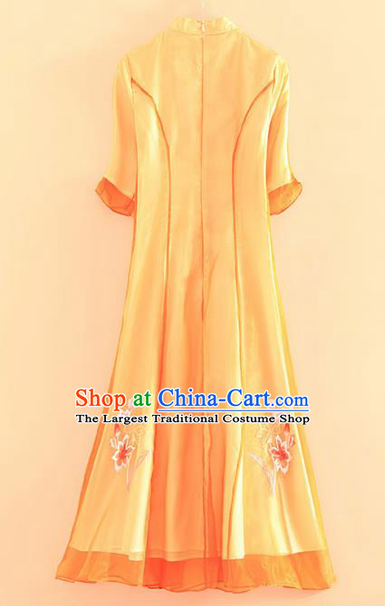 Chinese Traditional Tang Suit Embroidered Lotus Orange Cheongsam National Costume Qipao Dress for Women