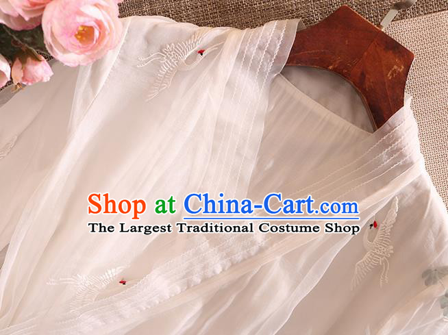 Chinese Traditional Tang Suit Embroidered Crane White Organza Cheongsam National Costume Qipao Dress for Women