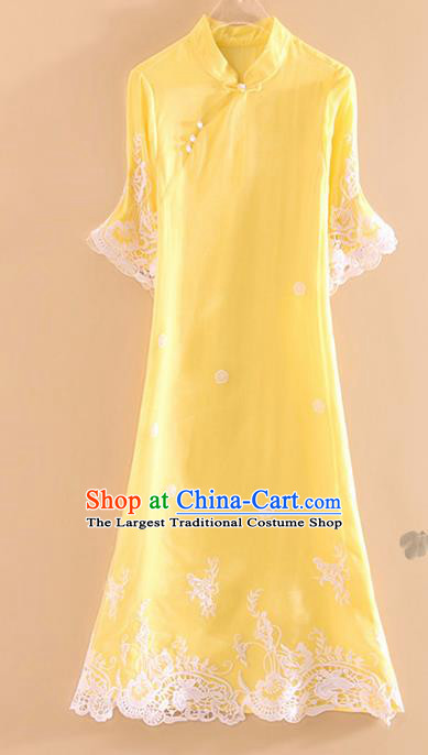 Chinese Traditional Tang Suit Embroidered Yellow Cheongsam National Costume Qipao Dress for Women