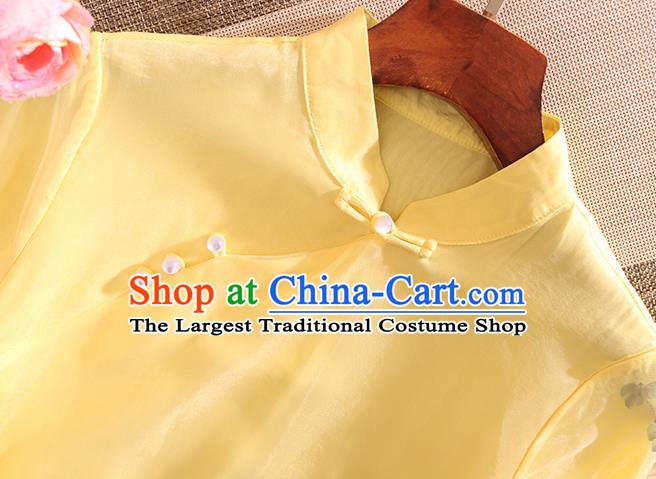 Chinese Traditional Tang Suit Embroidered Yellow Cheongsam National Costume Qipao Dress for Women