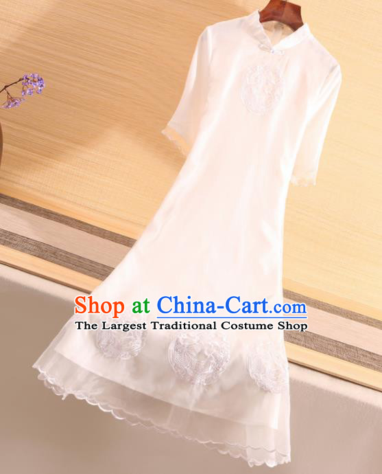 Chinese Traditional Tang Suit Embroidered Phoenix White Cheongsam National Costume Qipao Dress for Women