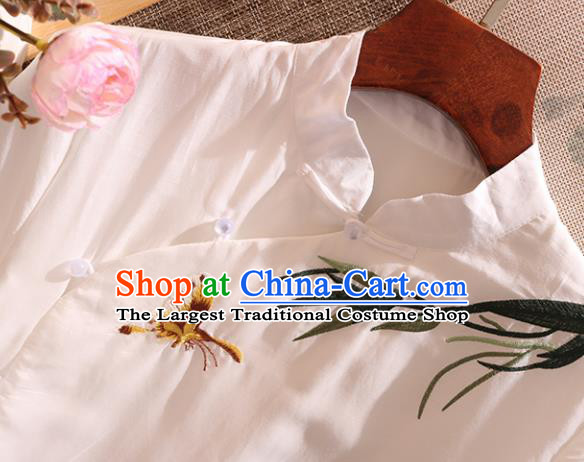 Chinese Traditional Tang Suit Embroidered Bamboo White Cheongsam National Costume Qipao Dress for Women