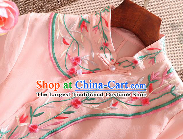 Chinese Traditional Tang Suit Embroidered Flowers Pink Cheongsam National Costume Qipao Dress for Women