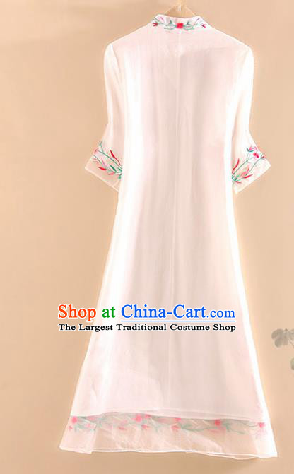 Chinese Traditional Tang Suit Embroidered Flowers White Cheongsam National Costume Qipao Dress for Women