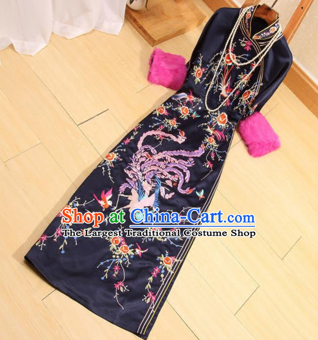 Traditional Chinese National Embroidered Phoenix Navy Qipao Dress Tang Suit Cheongsam Costume for Women