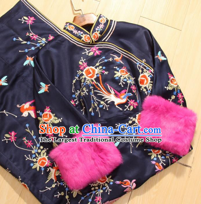 Traditional Chinese National Embroidered Phoenix Navy Qipao Dress Tang Suit Cheongsam Costume for Women