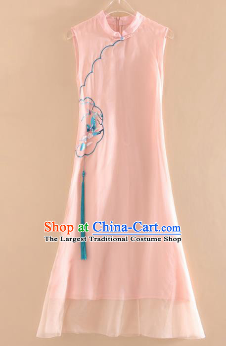 Chinese Traditional Tang Suit Embroidered Butterfly Plum Pink Cheongsam National Costume Qipao Dress for Women