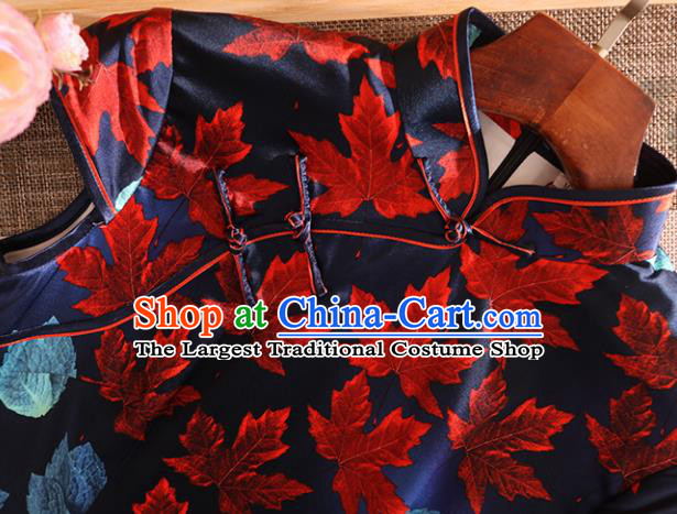 Chinese Traditional Tang Suit Printing Maple Leaf Navy Cheongsam National Costume Qipao Dress for Women