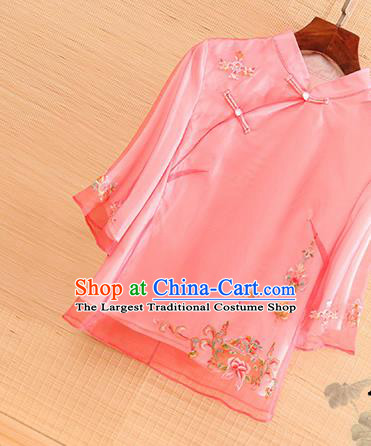 Chinese Traditional Tang Suit Embroidered Peach Pink Organza Blouse National Costume Qipao Upper Outer Garment for Women