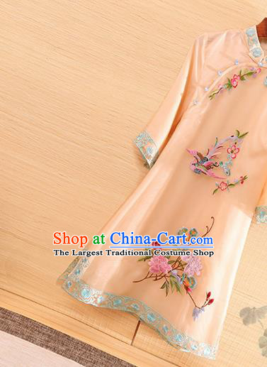 Traditional Chinese Tang Suit Embroidered Phoenix Peony Beige National Costume Qipao Dress for Women
