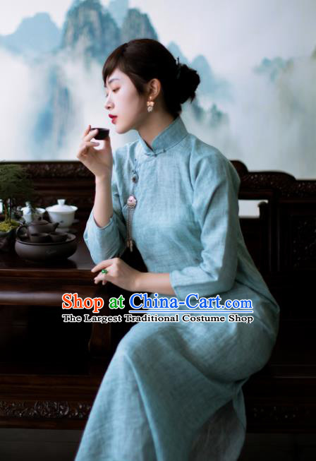 Traditional Chinese National Light Blue Flax Qipao Dress Tang Suit Cheongsam Costume for Women