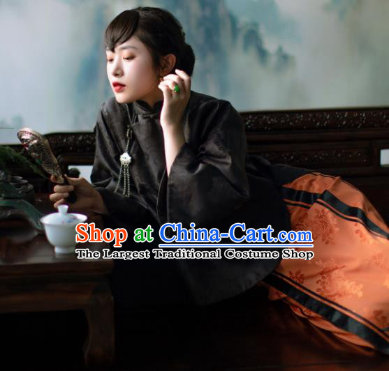 Chinese Traditional Tang Suit Black Brocade Cotton Padded Jacket National Costume Republic of China Qipao Upper Outer Garment for Women