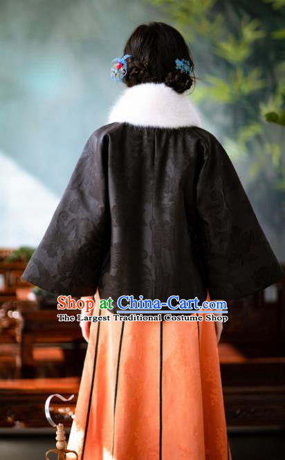 Chinese Traditional Tang Suit Black Brocade Cotton Padded Jacket National Costume Republic of China Qipao Upper Outer Garment for Women