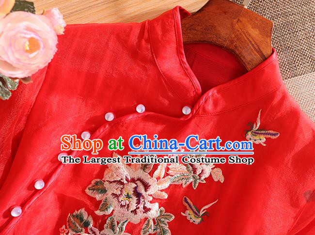 Traditional Chinese National Embroidered Peony Red Qipao Dress Tang Suit Cheongsam Costume for Women
