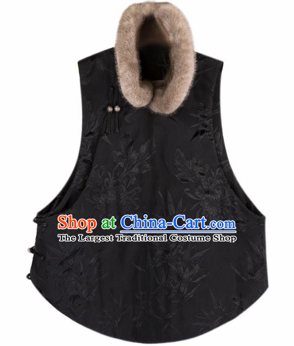 Chinese Traditional Black Brocade Cotton Wadded Vest National Costume Tang Suit Waistcoat for Women