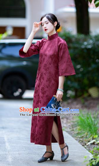 Traditional Chinese National Wine Red Brocade Qipao Dress Tang Suit Cheongsam Costume for Women