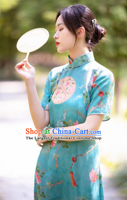 Traditional Chinese National Printing Plum Green Flax Qipao Dress Tang Suit Cheongsam Costume for Women