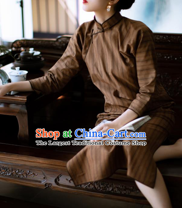 Traditional Chinese National Khaki Silk Qipao Dress Tang Suit Cheongsam Costume for Women