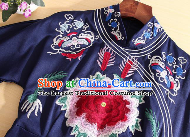 Traditional Chinese National Embroidered Navy Brocade Qipao Dress Tang Suit Cheongsam Costume for Women
