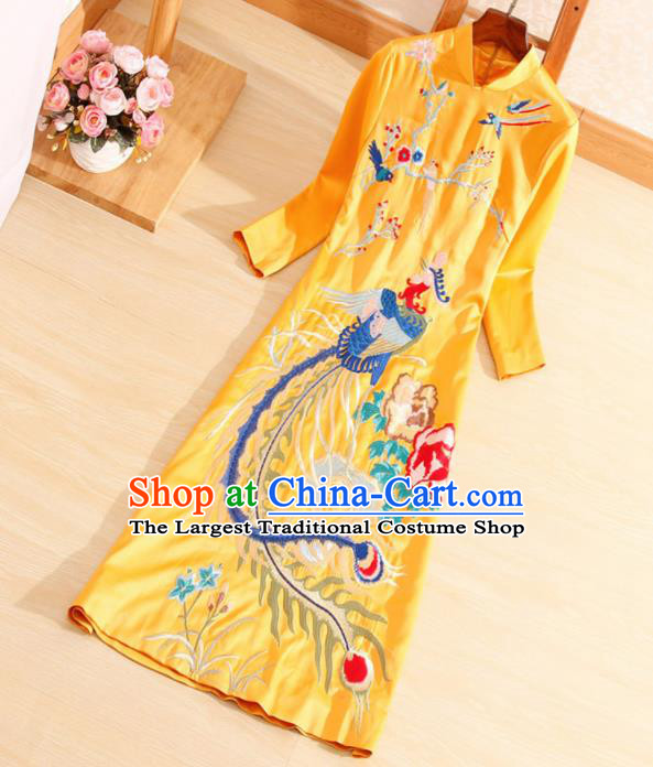 Traditional Chinese National Embroidered Phoenix Plum Golden Qipao Dress Tang Suit Cheongsam Costume for Women