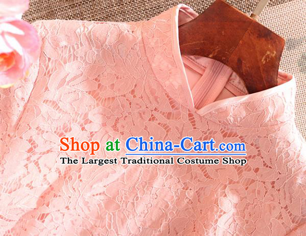 Chinese Traditional Tang Suit Embroidered Pink Lace Cheongsam National Costume Qipao Dress for Women