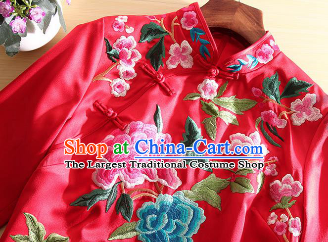 Traditional Chinese National Embroidered Peacock Peony Red Qipao Dress Tang Suit Cheongsam Costume for Women