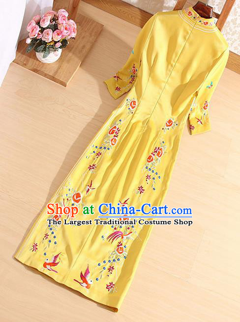 Traditional Chinese National Embroidered Phoenix Yellow Qipao Dress Tang Suit Cheongsam Costume for Women