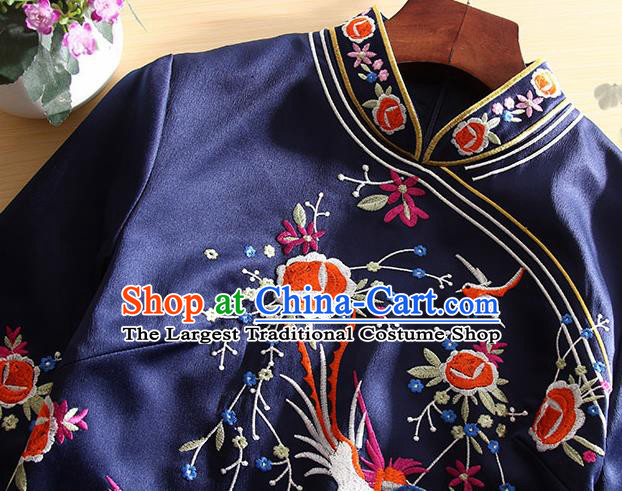 Traditional Chinese National Embroidered Phoenix Navy Qipao Dress Tang Suit Cheongsam Costume for Women