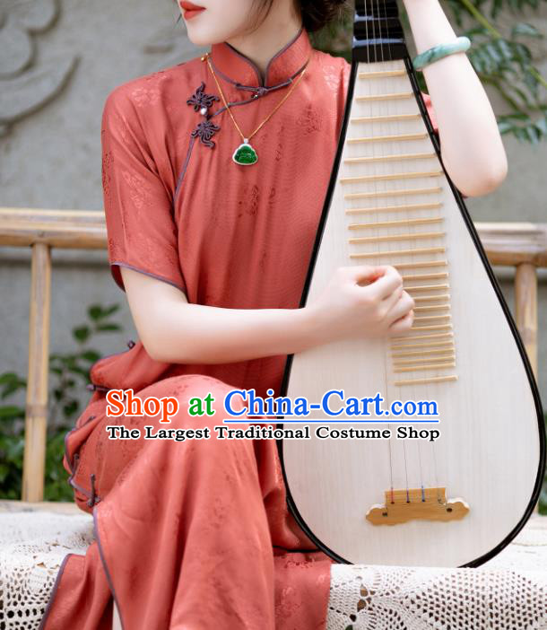 Traditional Chinese Late Qing Dynasty Rust Red Silk Qipao Dress National Tang Suit Cheongsam Costume for Women