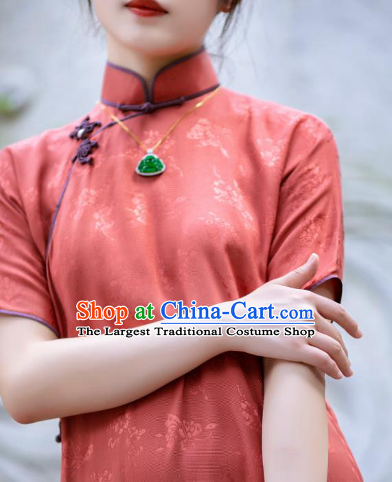 Traditional Chinese Late Qing Dynasty Rust Red Silk Qipao Dress National Tang Suit Cheongsam Costume for Women