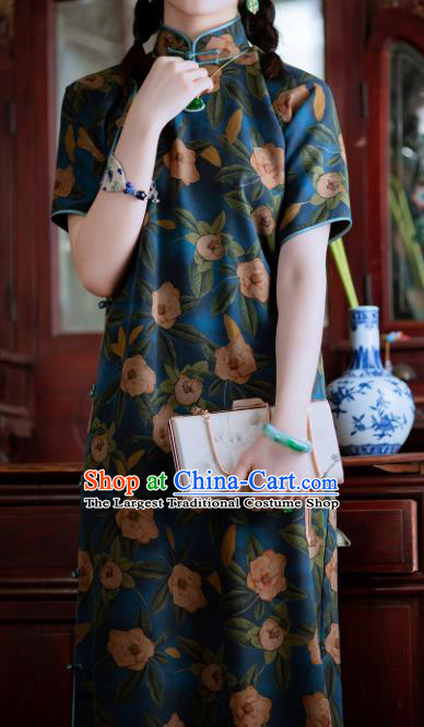 Traditional Chinese National Printing Deep Blue Silk Qipao Dress Tang Suit Cheongsam Costume for Women