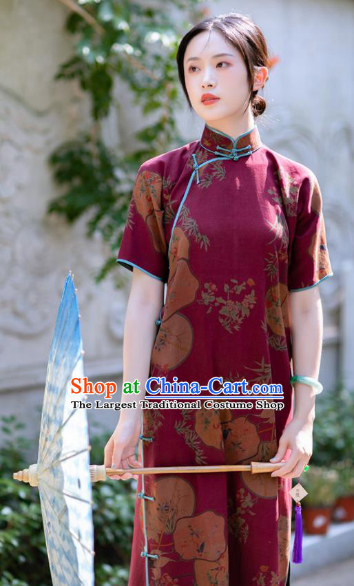 Traditional Chinese Late Qing Dynasty Printing Wine Red Silk Qipao Dress National Tang Suit Cheongsam Costume for Women