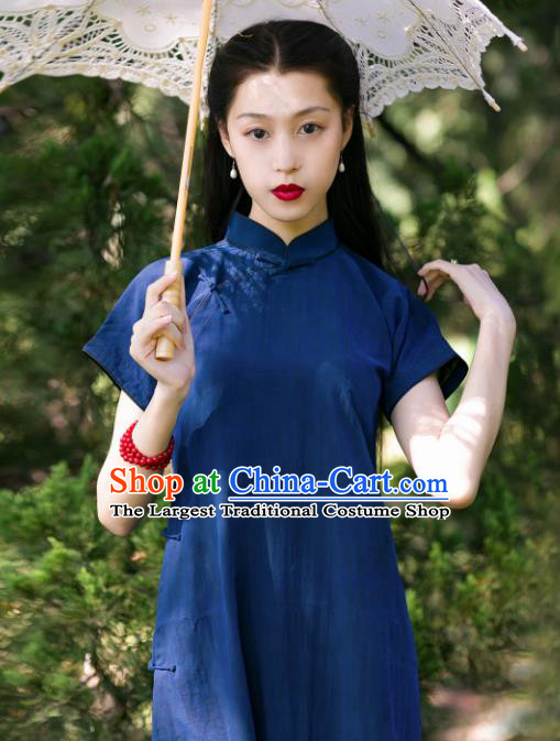 Traditional Chinese Deep Blue Silk Qipao Dress National Tang Suit Cheongsam Costume for Women