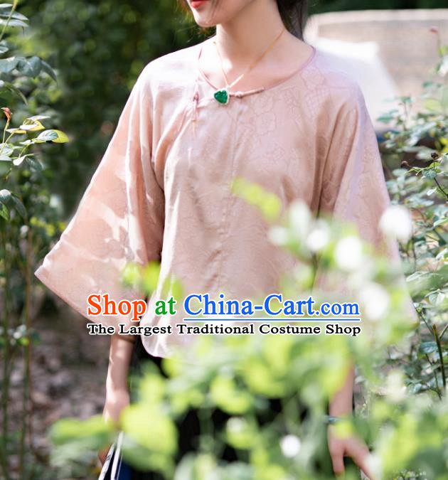 Chinese Traditional Tang Suit Pink Silk Blouse National Costume Republic of China Qipao Upper Outer Garment for Women