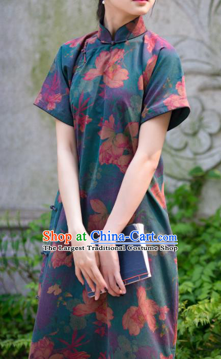 Traditional Chinese Printing Lotus Deep Green Qipao Dress National Tang Suit Cheongsam Costume for Women
