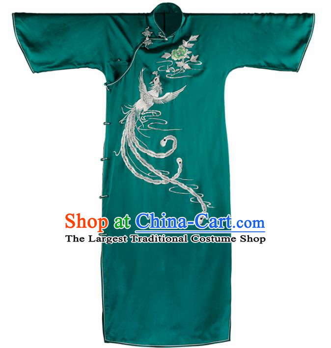 Traditional Chinese Embroidered Phoenix Green Silk Qipao Dress National Tang Suit Cheongsam Costume for Women