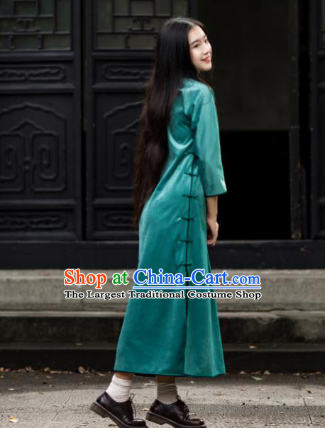 Traditional Chinese Winter Green Corduroy Qipao Dress National Tang Suit Cheongsam Costume for Women