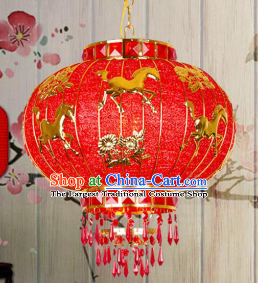 Chinese Traditional New Year Carving Horse Red Palace Lantern Handmade Hanging Lantern Asian Ceiling Lanterns Ancient Lamp