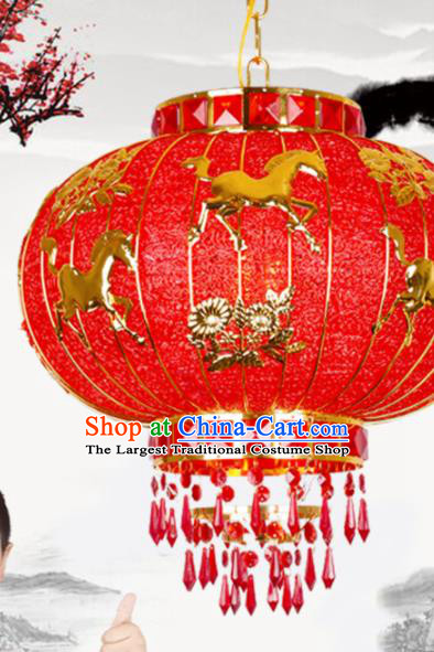 Chinese Traditional New Year Carving Horse Red Palace Lantern Handmade Hanging Lantern Asian Ceiling Lanterns Ancient Lamp