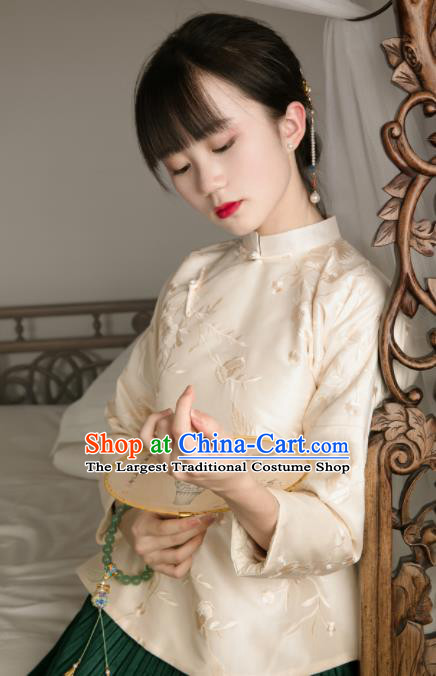 Chinese Traditional Tang Suit Beige Silk Shirt National Costume Republic of China Qipao Upper Outer Garment for Women