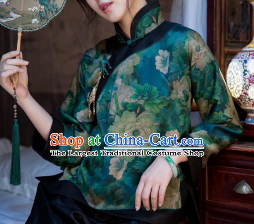 Chinese Traditional Tang Suit Printing Deep Green Silk Shirt National Costume Republic of China Qipao Upper Outer Garment for Women