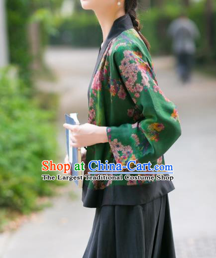 Chinese Traditional Tang Suit Printing Green Silk Shirt National Costume Republic of China Qipao Upper Outer Garment for Women