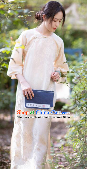 Traditional Chinese Beige Brocade Qipao Dress National Tang Suit Cheongsam Costume for Women